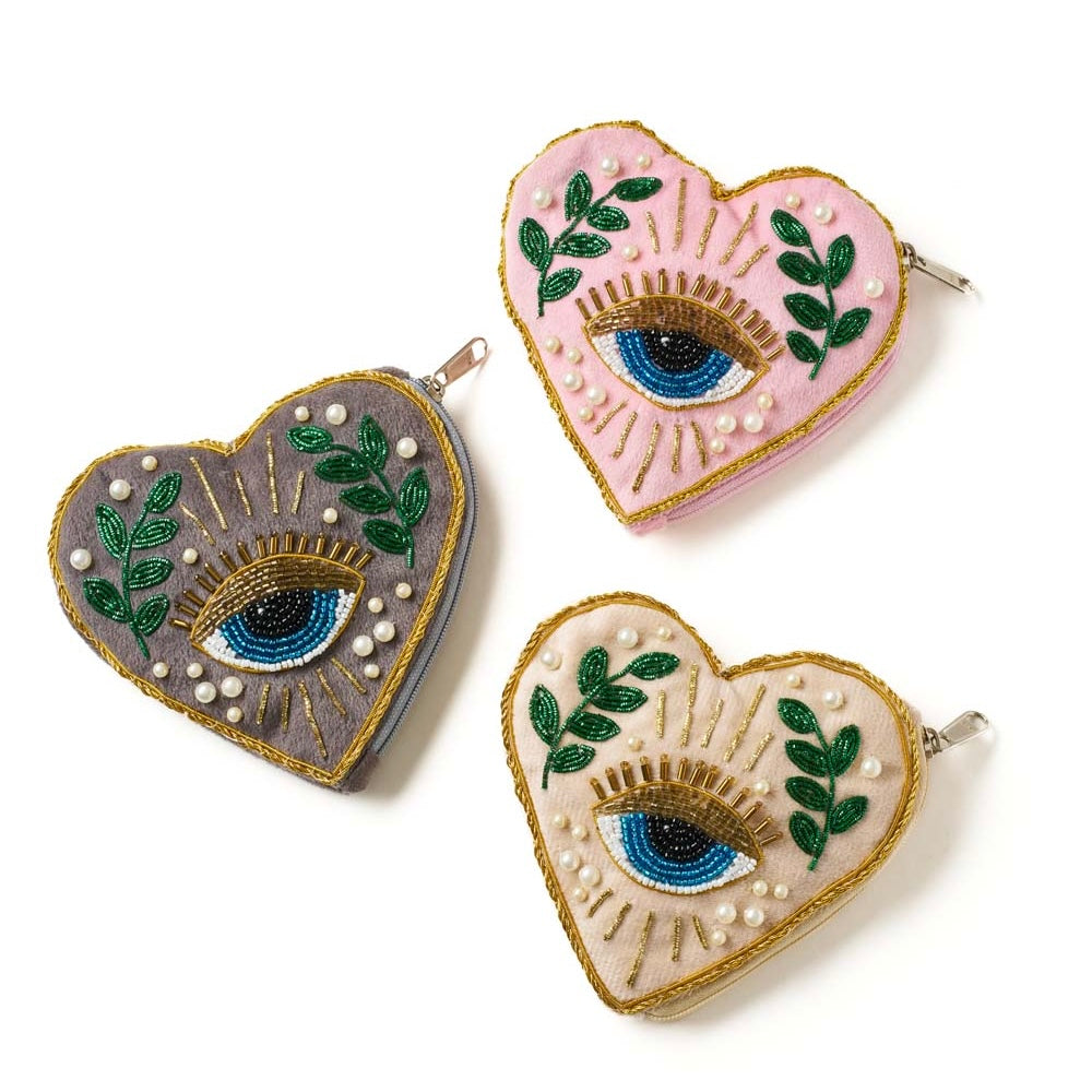 Manku Beaded Heart Zippered Coin Purse Pouch