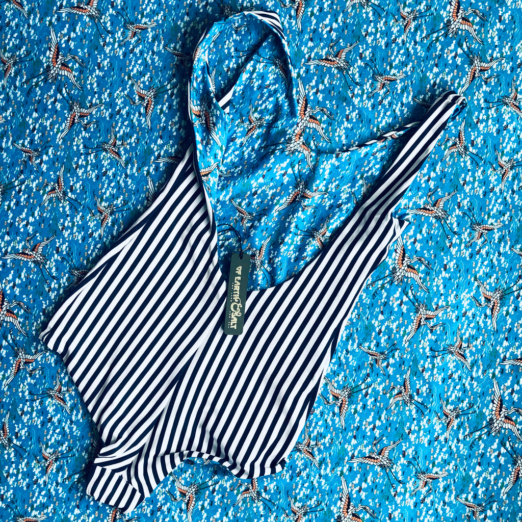 Nola Low Back One-Piece || Birds & Stripes (Fully Reversible)